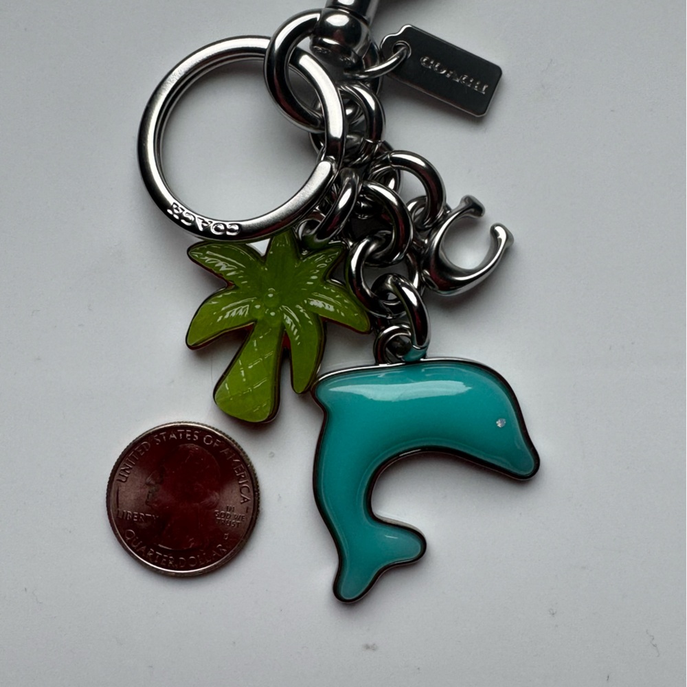 Coach Silver and Turquoise Dolphin and Green Palm Keychain Purse Charm NEW - Picture 8 of 9